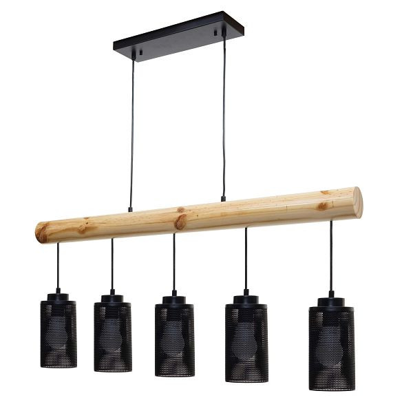 Suspension Mendler HWC-H83, lampe suspendue suspension, vintage industriel bois massif métal noir, 5 abat-jour tubulaires, 74215