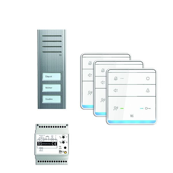 Système de commande de porte audio TCS : pack AP pour 3 unités résidentielles, avec poste extérieur ASX 3 boutons de sonnerie, 3x haut-parleur mains libres ISW5010, unité de contrôle BVS20, PSX2330-0000