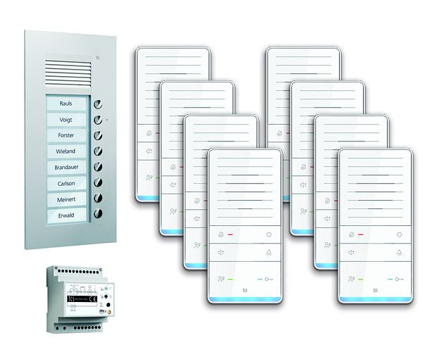 Système de commande de porte audio TCS : pack UP pour 8 unités résidentielles, avec poste extérieur PUK 8 boutons de sonnerie, 8x haut-parleur mains libres ISW5031, unité de commande BVS20, PAUF081 / 001