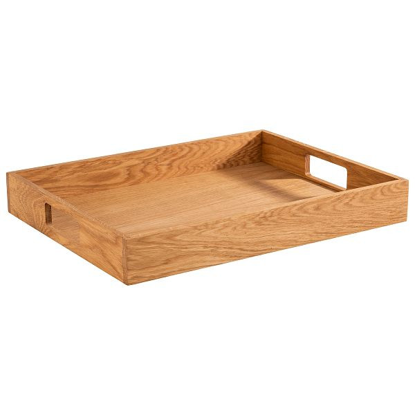 Plateau de service APS, 45 x 35 x 6 cm, bois de chêne huilé, avec 2 poignées encastrées, 00761
