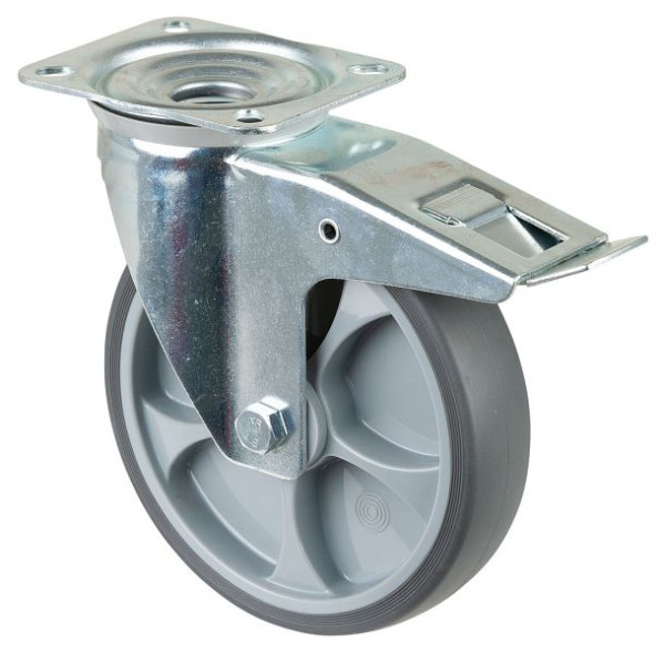 Rouleau de transport BS rollers avec frein, largeur 45 mm, Ø200 mm, jusqu'à 220 kg, pneus thermoplastiques gris, plastique, roulement à rouleaux, plateau, L420.B44.201