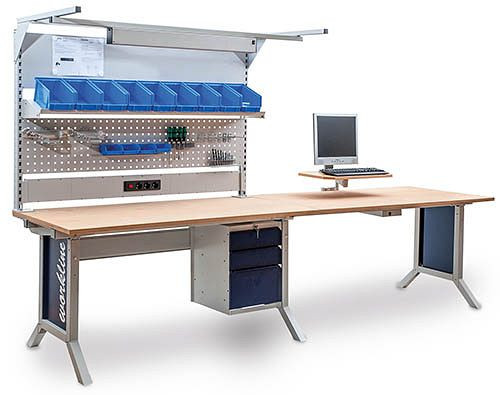 Bedrunka+Hirth workline table de base et table d'extension, réglage par manivelle, 2x plan de travail en hêtre multiplex, 3000 x 750 mm, 07.10.15.10.96