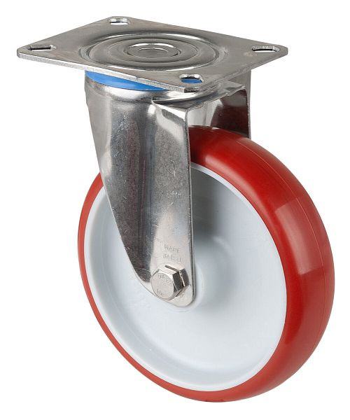 Rouleau de transport BS rollers inox, largeur 32 mm, Ø125 mm, jusqu'à 130 kg, bande de roulement polyuréthane rouge, corps de roue plastique, palier lisse, platine, H100.B26.125