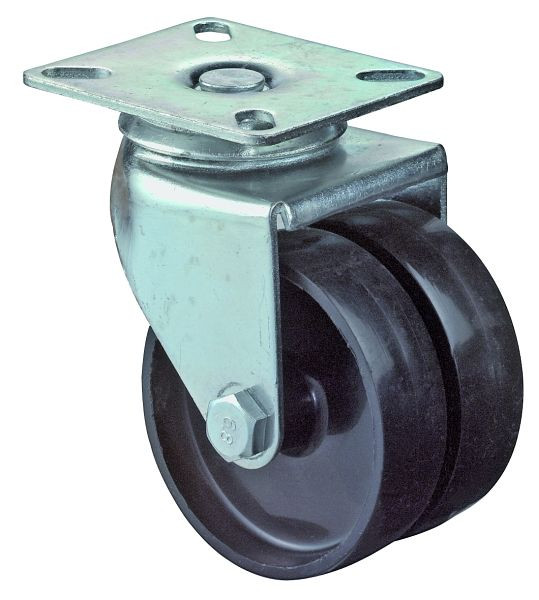 Appareil à rouleaux BS double rouleau, largeur 2x23 mm, Ø75 mm, jusqu'à 100 kg, bande de roulement en plastique noir, palier lisse, plaque, lot de 4, B100.A90.076