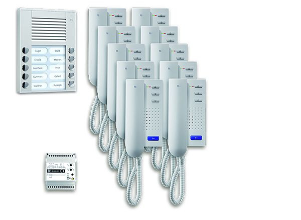Système de contrôle de porte audio TCS : pack AP pour 10 unités résidentielles, avec poste extérieur PES 10 boutons de sonnerie, 10x interphones ISH3030, unité de contrôle BVS20, PPA10-EN / 02
