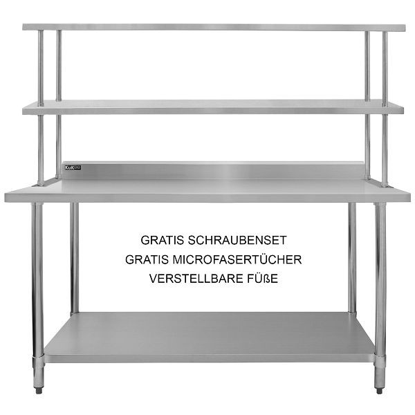 Table de travail restauration KuKoo et double étagère, inox 180 cm, 25945