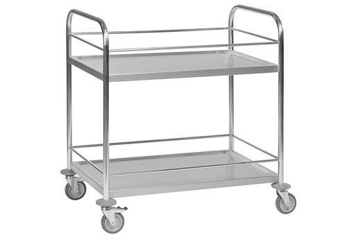 Chariot à étagères Kongamek inox KM, 2 étagères, 100 kg, 910x590 mm, 4 roulettes pivotantes PU, frein, bordure inox, 255347