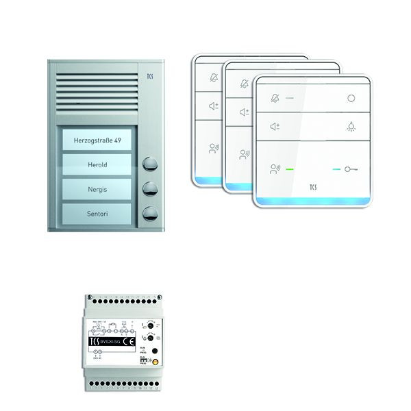 Système de commande de porte audio TCS : pack AP pour 3 unités résidentielles, avec poste extérieur PAK 3 boutons de sonnerie, 3x haut-parleur mains libres ISW5010, unité de contrôle BVS20, PSC2330-0000
