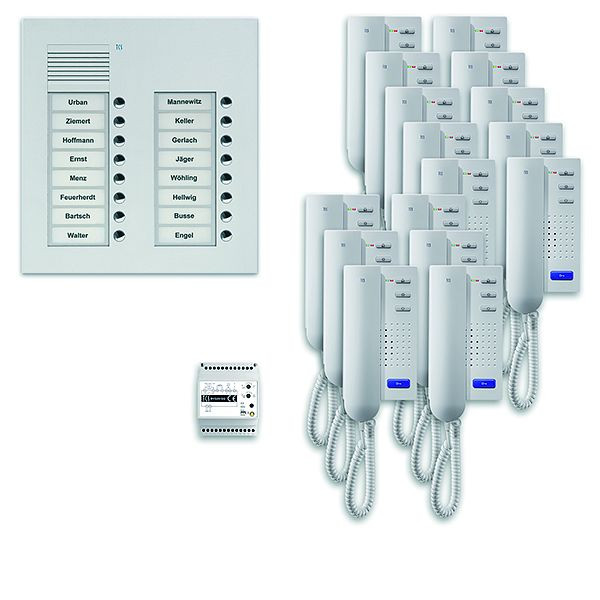 Système de commande de porte audio TCS : pack UP pour 16 unités résidentielles, avec poste extérieur PUK 16 boutons de sonnerie 2 colonnes, 16x interphones ISH3030, commande, PPU16 / 2-EN / 02