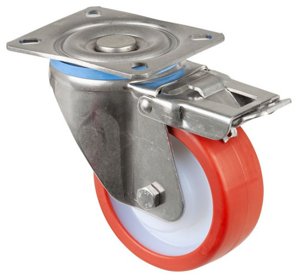Roulette pivotante pour charges lourdes en acier inoxydable, acier inoxydable, avec frein, roue en polyuréthane rouge à palier lisse, plaque à visser 100 mm, HS120.B27.100