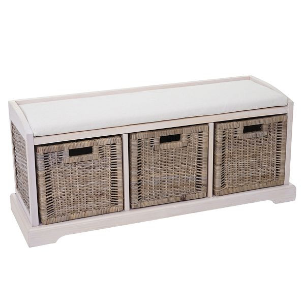 Banc Mendler Bienne, boîte de rangement, 3 paniers, tressage de rotin Kubu, 112x46x37cm, blanc, 61724
