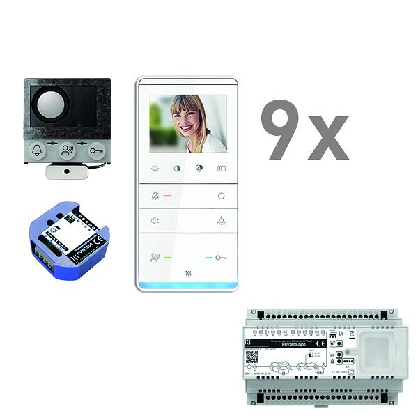 Boîte vocale encastrable vidéo TCS, 9 unités résidentielles, haut-parleur encastrable ASI12000 + 9x haut-parleur mains libres IVW5111, appareil de commande + transmetteur vidéo bifilaire, PVIF090/001
