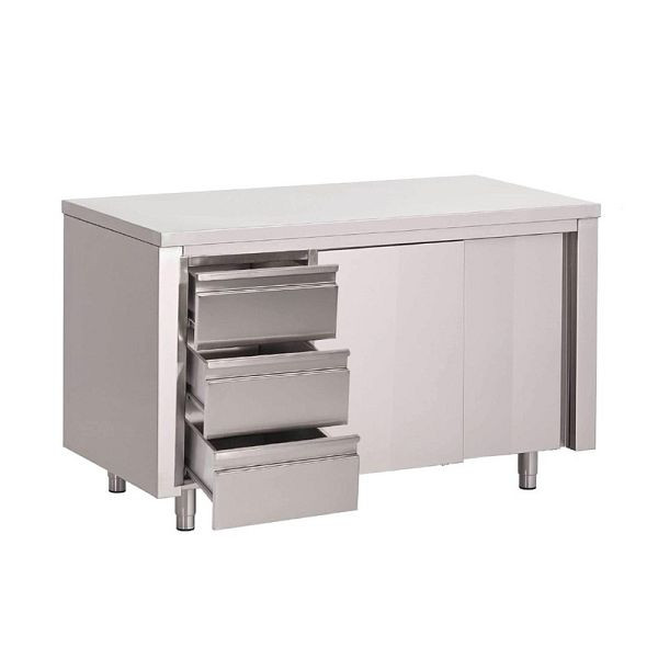 Table de travail Gastro M avec 3 tiroirs et portes coulissantes 200cm de long, GN167