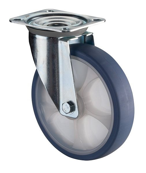 Roulette de transport pivotante BS Rollers, roue en caoutchouc thermoplastique, bandage bleu clair, jante naturelle, roulement à rouleaux, platine, diamètre : 200 mm, L400.B44.201.05