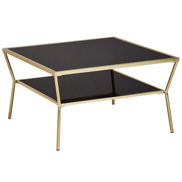Wohnling Design table basse verre noir 70 x 70 cm 2 niveaux structure métal doré, carrée, WL5.992