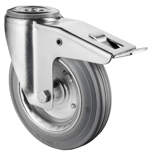 Rouleau de transport BS rollers avec frein, largeur 50 mm, Ø200 mm, jusqu'à 200 kg, bande de roulement en caoutchouc gris, jante en acier du corps de roue, roulement à rouleaux, L121.B56.200