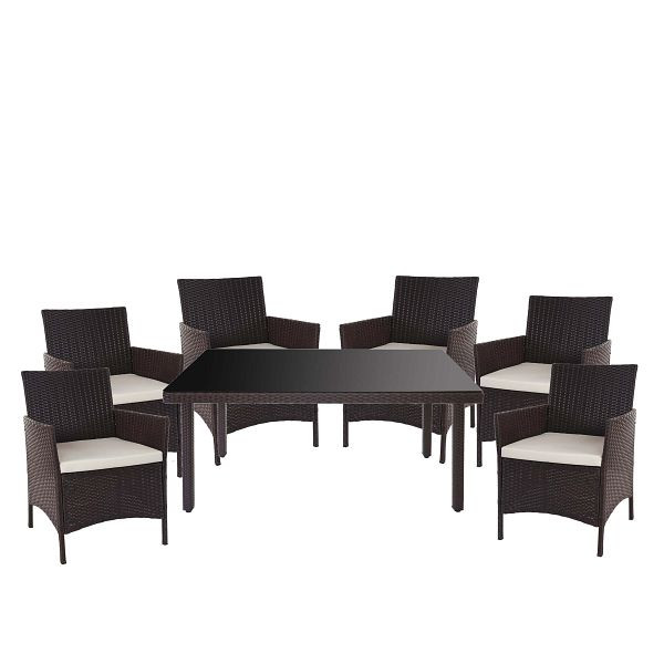 Mendler Halden ensemble en poly rotin, salon de jardin balcon, marron, coussins crème, 52355+3x52033