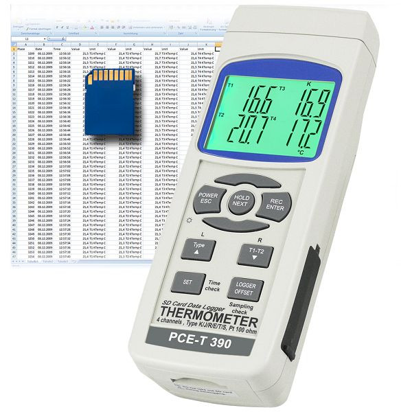Thermomètre PCE Instruments, type K, type J et Pt100, -100 à +1370, PCE-T390