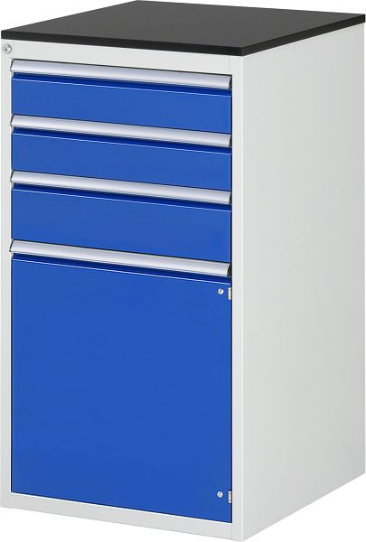 Armoire à tiroirs RAU série 7000, L580xP650xH1030mm, tiroirs : 2xH120, 1xH150mm, porte battante H540mm, plan de travail mélaminé résineux, 03-L7.2AR-M.11