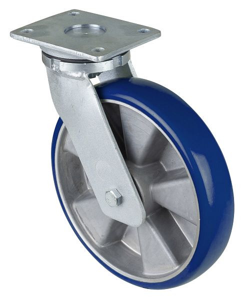 Roulette pivotante pour charges lourdes BS rollers, roue en polyuréthane 83 Shore, jante en aluminium, roulement à billes, platine, diamètre : 250 mm, RR100.B92.250