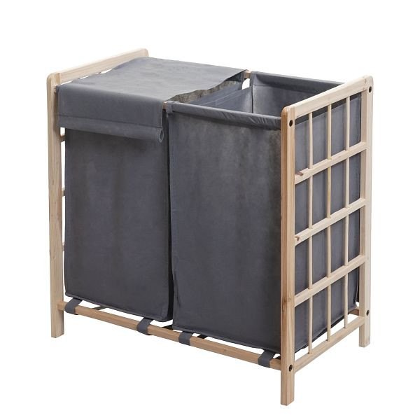 Collecteur de linge Mendler HWC-B60, Panier à linge, bois massif 2 compartiments 60x60x33cm 68l, marron clair, couvercle gris, 75535