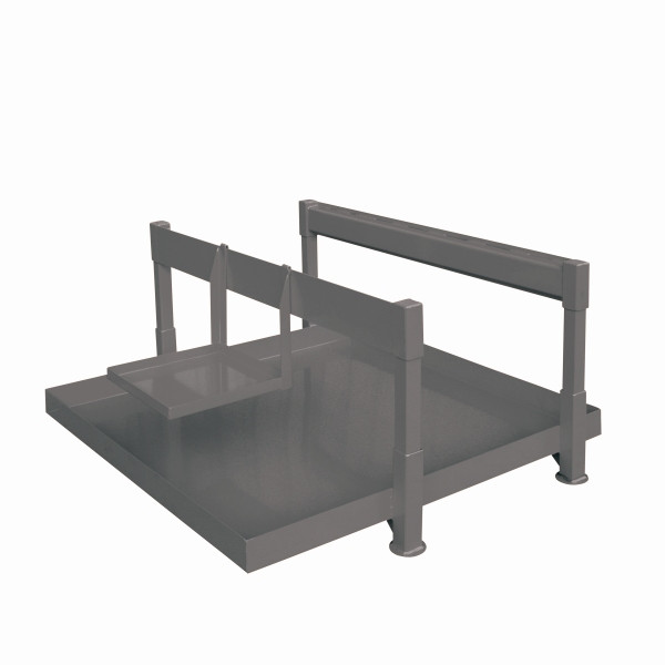 Station de remplissage de fûts industriels Eichinger, composée d'un bac collecteur, d'un cadre et d'un porte-canette. Sans palette fûts, 4 x fûts gris anthracite, 22710200000096