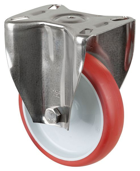 Rouleaux de transport BS rollers inox, rouleau fixe, largeur 35 mm, Ø150 mm, jusqu'à 200 kg, bande de roulement polyuréthane rouge, plastique, palier lisse, plaque, H110.B26.150