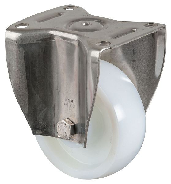 BS Rolls Roulette robuste en acier inoxydable, roulette fixe, largeur 45 mm, Ø125 mm, jusqu'à 700 kg, bande de roulement/corps de roue en plastique, roulement à rouleaux en acier inoxydable, HS110.B14.125