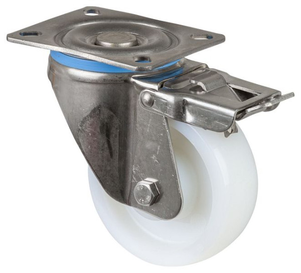 Roulette pivotante pour charges lourdes en acier inoxydable avec frein, roue en acier inoxydable, roue en plastique, roulement lisse, plaque à visser, diamètre 100 mm, HS120.A90.100