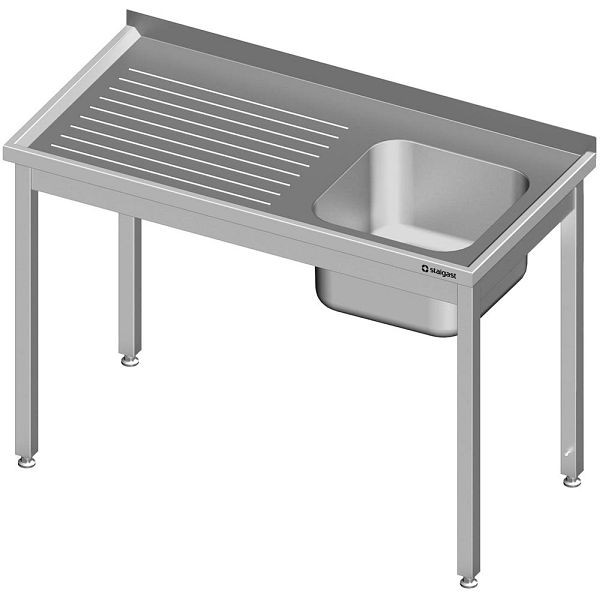Meuble évier Stalgast sans fond 1300x700x850 mm, avec vasque à droite, avec dosseret, soudé, VST13720RA