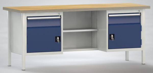 Etabli standard KLW 2000 x 700 x 840 mm L x P x H, avec plan de travail multiplex en hêtre 2000 x 700 x 40 mm, WS213N-2000M40-E2001