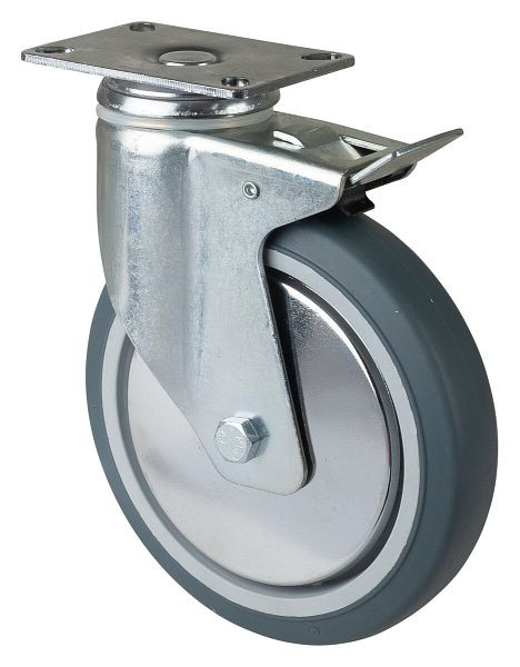 Roulettes BS Roulette pour appareil lourd avec frein, largeur 32 mm, Ø150 mm, jusqu'à 100 kg, caoutchouc gris, roulement à billes, platine, lot de 2, C120.A85.151