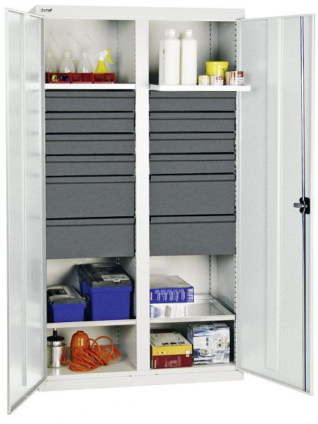 armoire à outils et matériel série 3000, 7035/7035, 8 tiroirs 100 mm, 4 tiroirs 200 mm, cloison centrale, 4 tablettes, 3004507