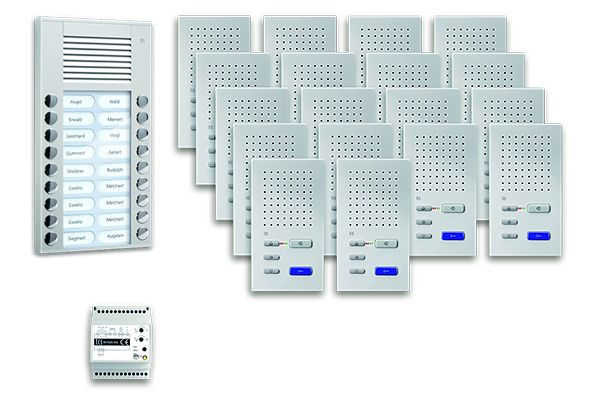 Système de commande de porte audio TCS : pack AP pour 18 unités résidentielles, avec poste extérieur PES 18 boutons de sonnerie, 18x haut-parleur mains libres ISW3030, unité de contrôle, PPAF18-EN / 02