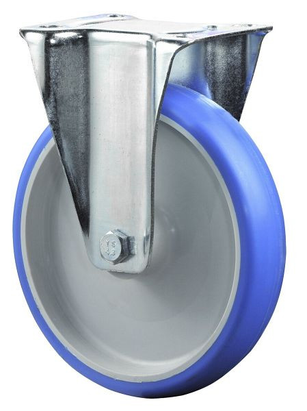Rouleau de transport BS rollers, rouleau fixe, largeur 45 mm, Ø200 mm, jusqu'à 300 kg, polyuréthane bleu, corps de roue plastique, roulement à rouleaux, plaque, L410.B36.200