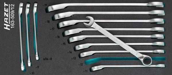 Jeu de clés mixtes à cliquet Hazet, profil de traction externe double hexagonale, 8 - 19, nombre d'outils : 12, HAZET Safety Insert System (SIS), 163-509/12