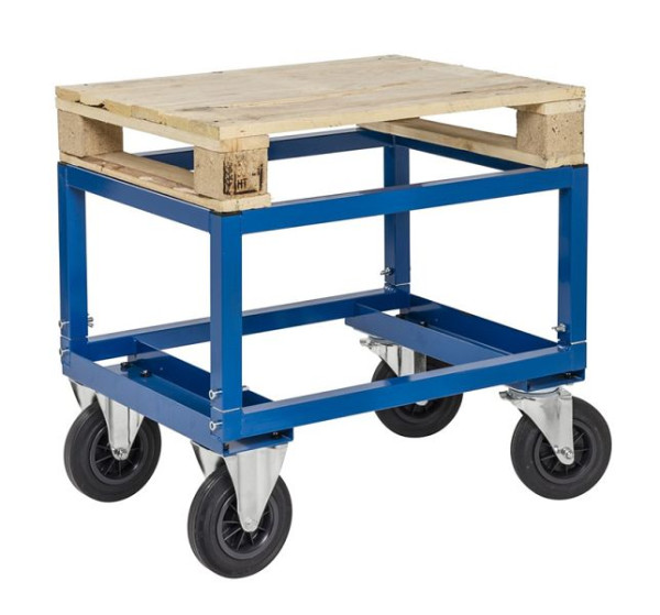 Chariot à palette Kongamek - bas, 2 roulettes fixes et 2 pivotantes en caoutchouc plein avec freins, Bleu, 800 x 600 x 654 mm, KM222-BHB