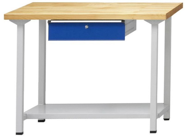 Table de travail ANKE; 1270x800 mm; RAL 7035/5010; 1xHängeschublade; 1x étagère de rangement en tôle d'acier de 600 mm de profondeur