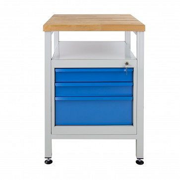 Etabli ADB étroit 3 tiroirs et étagère, dimensions LxPxH : 600x600x840 mm, couleur table de travail : gris, RAL 7035, couleur tiroir/porte : bleu, RAL 5012, 41938