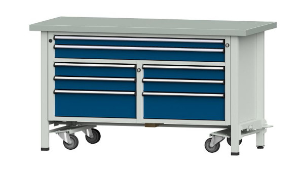 Établis ANKE établi à caissons, modèle 259 V, 1500 x 700 x 840 mm, RAL 7035/5010, ZBP 40 mm, avec dispositif mobile abaissable, 304.230