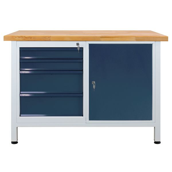 Etabli ADB 1 porte + 4 tiroirs, dimensions : 1200x600x840mm (LxPxH), couleur table de travail : gris, RAL 7035, couleur tiroir/porte : gris anthracite (RAL 7016), 42931