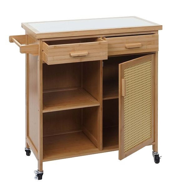 Mendler chariot de service HWC-K11, chariot de cuisine bar chariot chariot, poignée tiroir plan de travail 85x84x36cm bambou, marron, 86670
