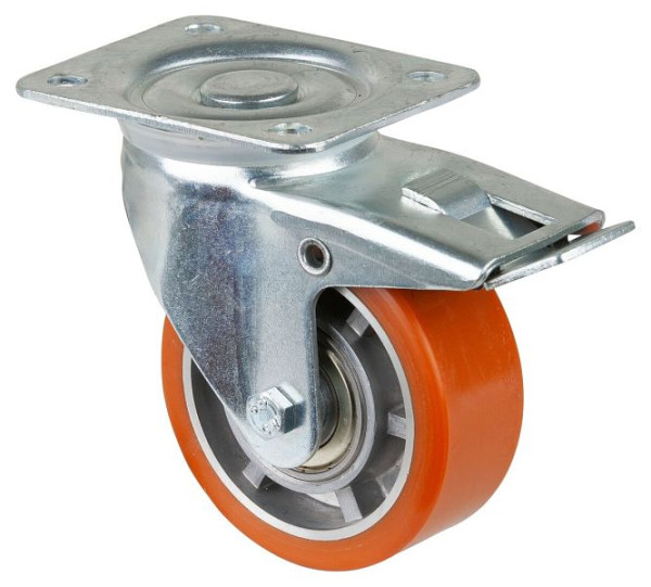 Rouleau de transport BS rollers avec frein, largeur 40 mm, Ø100 mm, jusqu'à 200 kg, bande de roulement en polyuréthane coulé, corps en aluminium, roulements à billes, LB520.B90.100