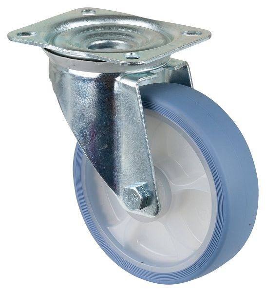 Roulette de transport pivotante BS Rollers, roue en caoutchouc thermoplastique, pneu bleu clair, roulement à rouleaux, plaque, diamètre : 160 mm, pack : 2 pièces, L400.B44.161.05