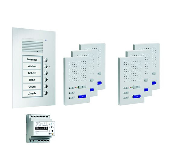 Système de commande de porte audio TCS : pack UP pour 6 unités résidentielles, avec poste extérieur PUK 6 boutons de sonnerie, 6x haut-parleur mains libres ISW3030, unité de commande BVS20, PPUF06-EN / 02