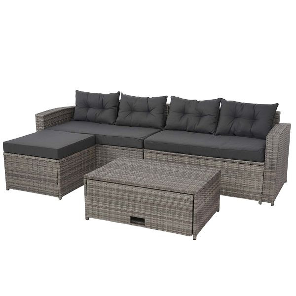 Ensemble en polyrotin Mendler HWC-J34, ensemble balcon/jardin/salon, canapé, compartiment de rangement, gris, coussins gris foncé, 77087+77088+77089
