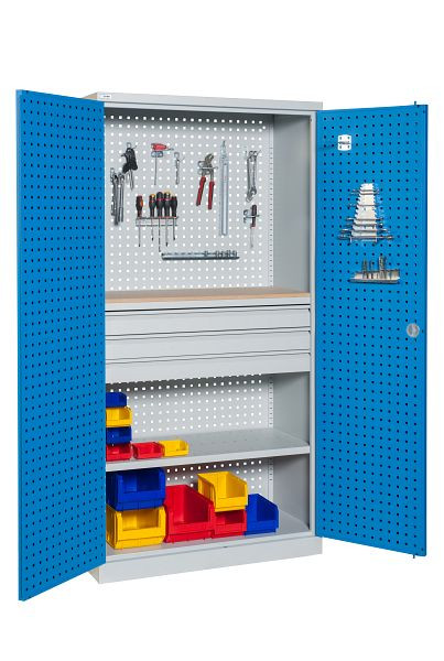 Meuble d'atelier SOFAME à panneaux perforés L 1000 x P 500 x H 1950 mm, avec 4 tiroirs et 2 étagères, W030080005GCBI