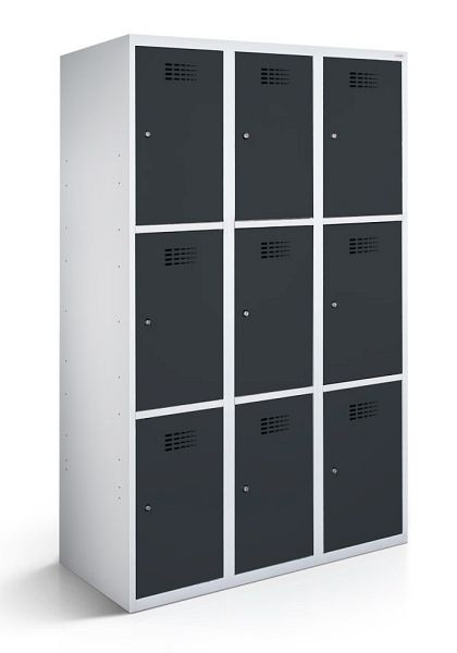 KEMMLIT armoire vestiaire 3 compartiments et 9 portes 30cm avec fond fermé, gris anthracite 7016, loquet tournant, 100580