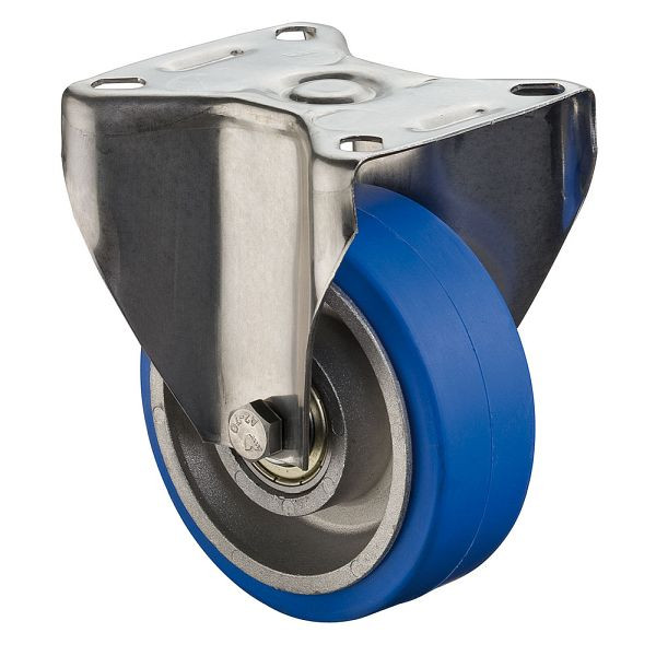 Roulettes BS pour boulangerie, roulette fixe, largeur de roue 40 mm, roue Ø 100 mm, capacité de charge 100 kg, bande de roulement en caoutchouc bleu, aluminium, roulement à billes, H110.B24.100