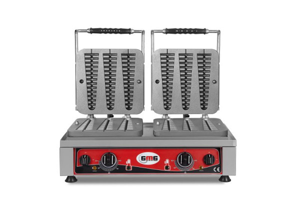 Gaufrier GMG, 6x (23 x 6 x 2,4 cm), plaque de cuisson fixe de 50° à 300°C en fonte, canal de récupération des graisses sur tout le pourtour, boîtier en acier inoxydable, KGW-23
